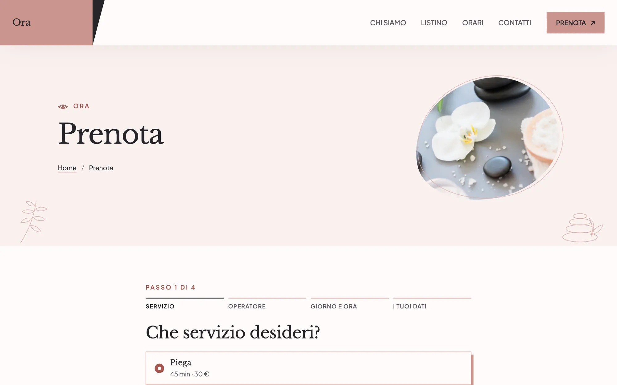 Pagina di prenotazione del sito: scelta del servizio, primo di quattro passi